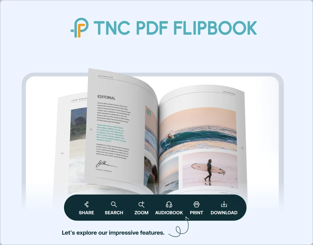 TNC PDF FlipBook for Shopify, a flipbook with toolbar buttons for share, search, zoom, audiobook, print and download